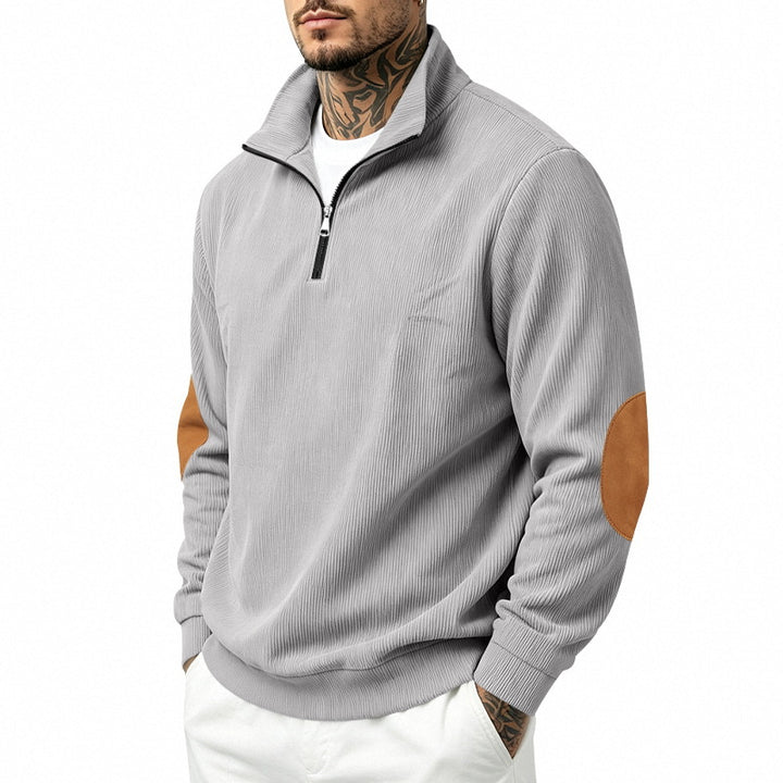 Herren nan Halbzip-Sweatshirt mit Stehkragen, feiner Waffelstruktur und Lederoptik-Ellenbogenpatchs Drune