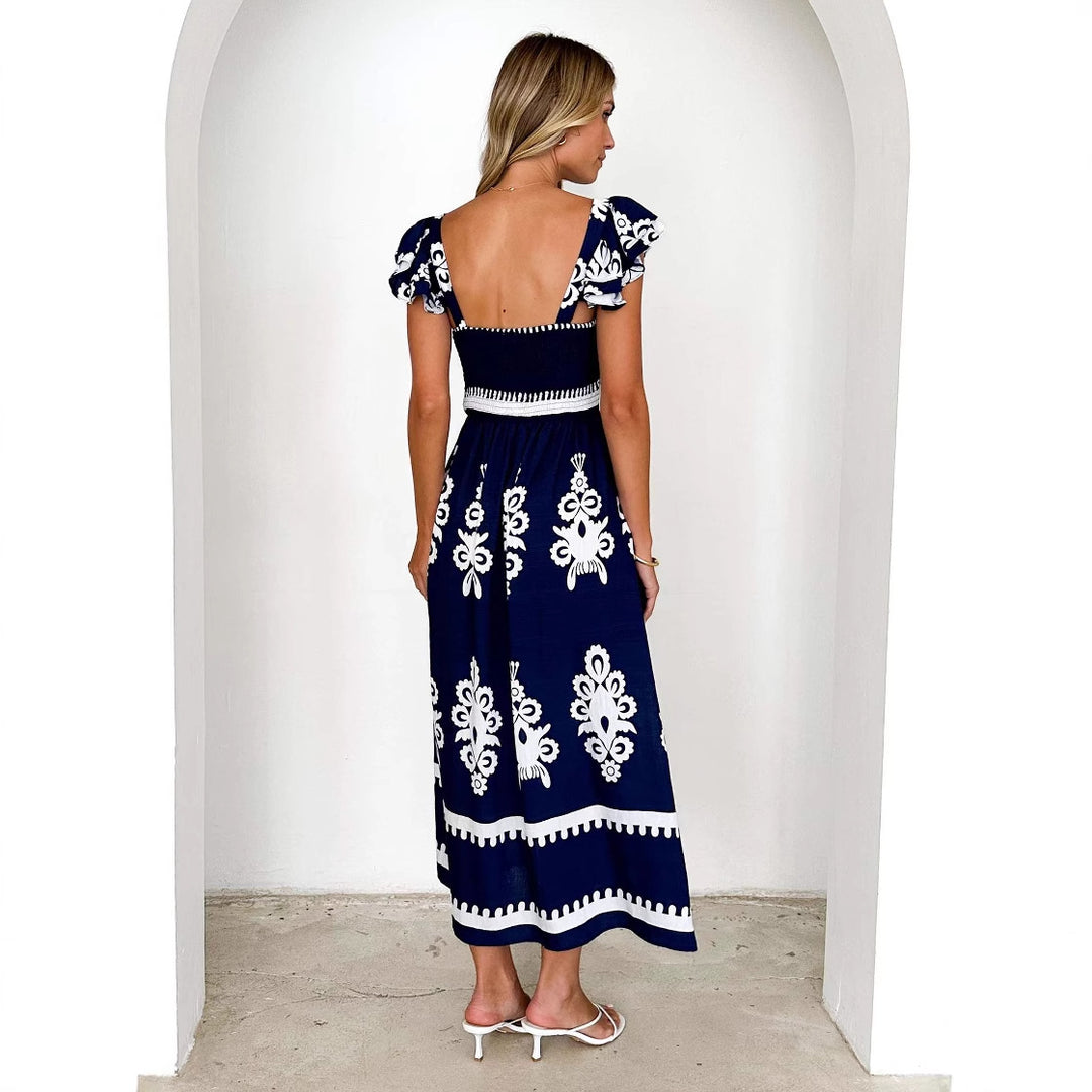 Damen Maxikleid mit floralen Stickereien und Rüschendetails Drune