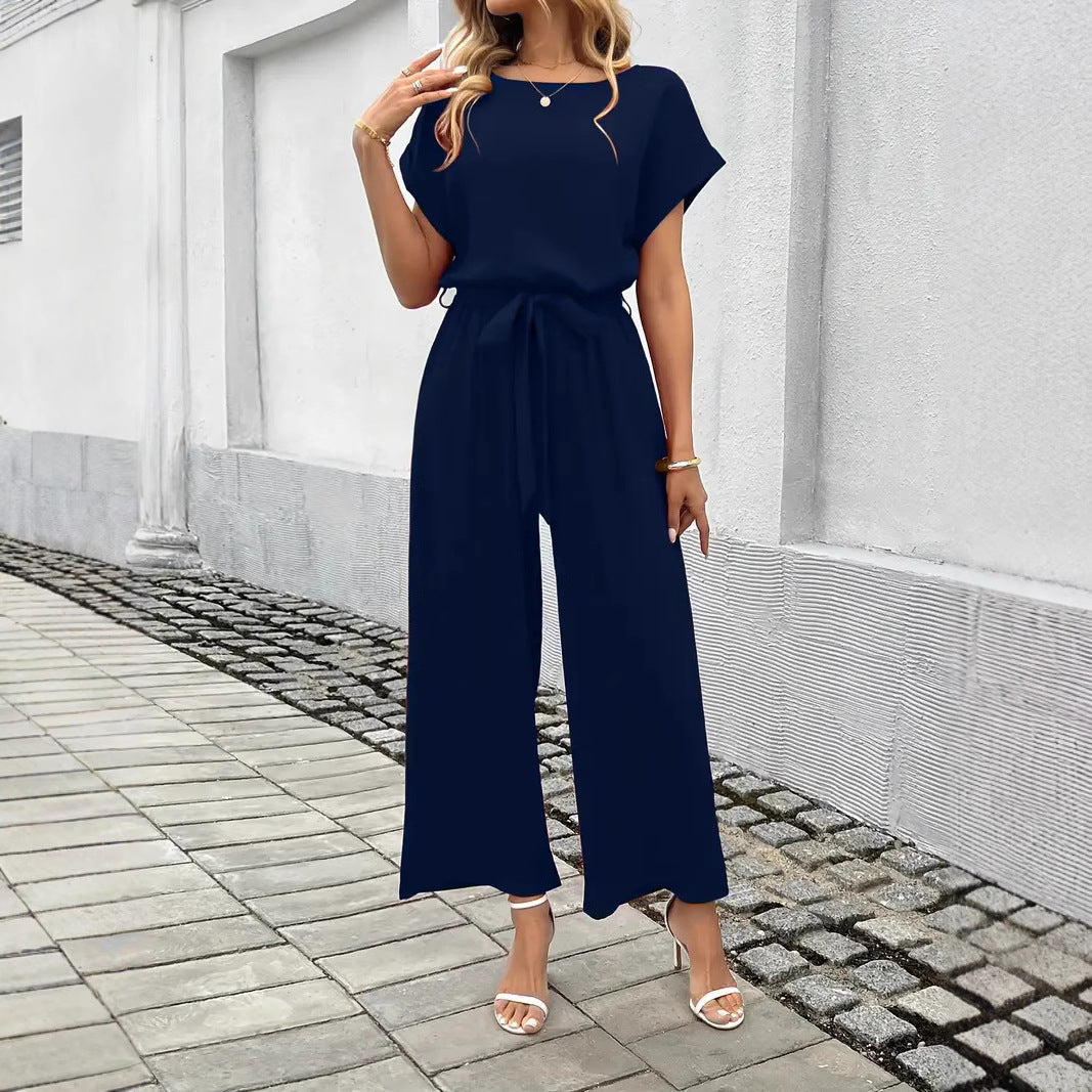 Damen Eleganter Jumpsuit mit weitem Bein und Taillenknoten Drune