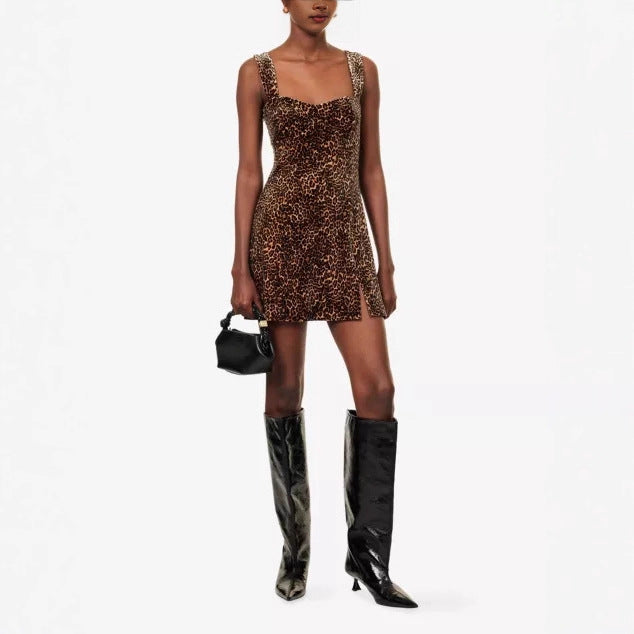 Damen figurbetontes Minikleid mit Leopardenmuster und eleganten Trägern Drune