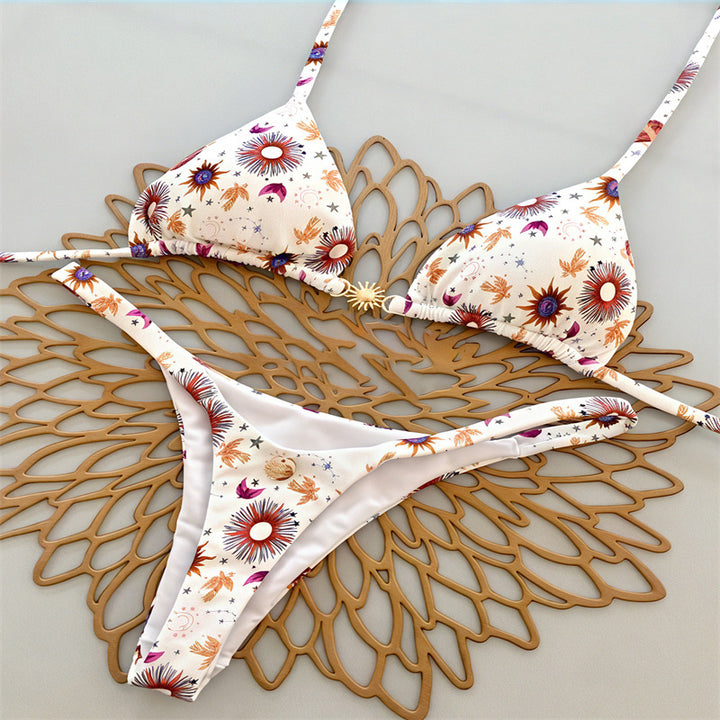 Damen Triangel-Bikini mit floralem Muster und eleganter Goldschließe Drune