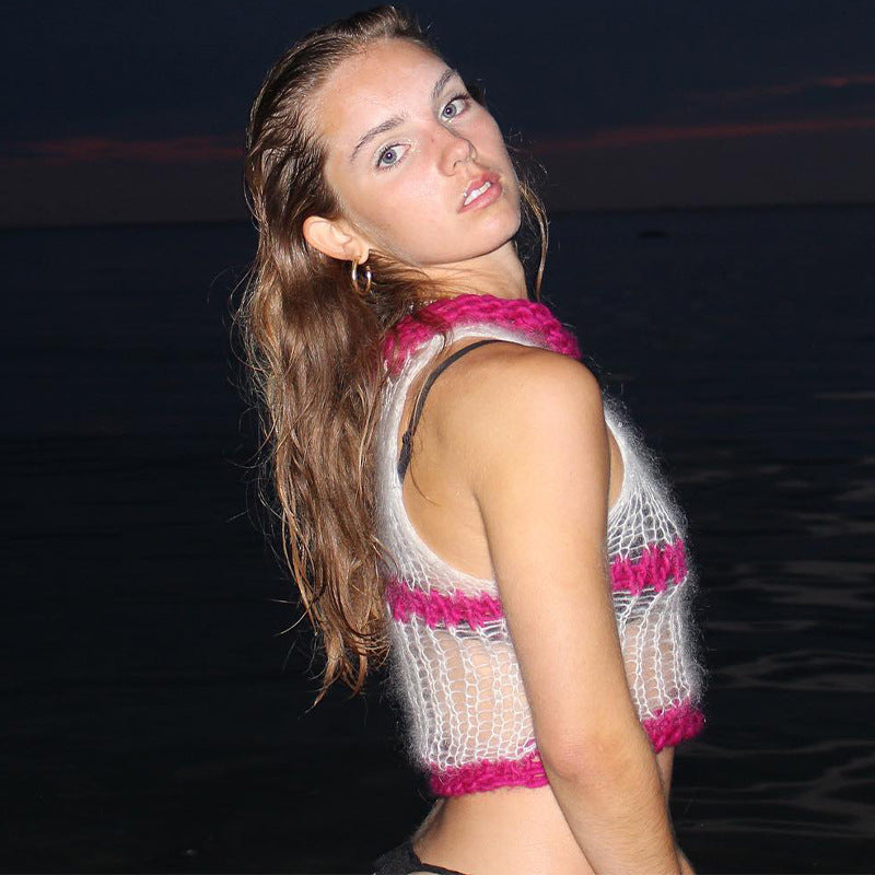 Damen modisches Cropped Oberteil mit raffinierten Netz- und Rippdetails Drune