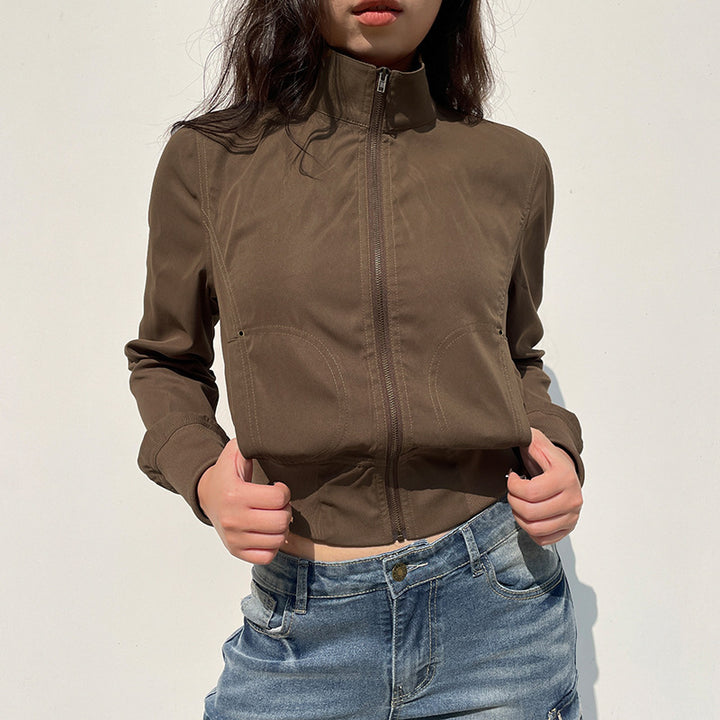 Damen modische cropped Jacke mit Stehkragen und Reißverschluss Drune