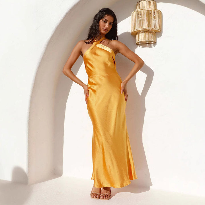 Damen elegantes Abendkleid mit asymmetrischem Ausschnitt und fließendem Satinfall Drune