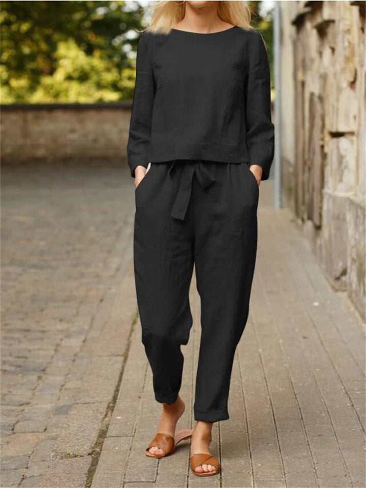 Damen Lässiges Zweiteiliges Leinen-Outfit mit breitem Bund Drune