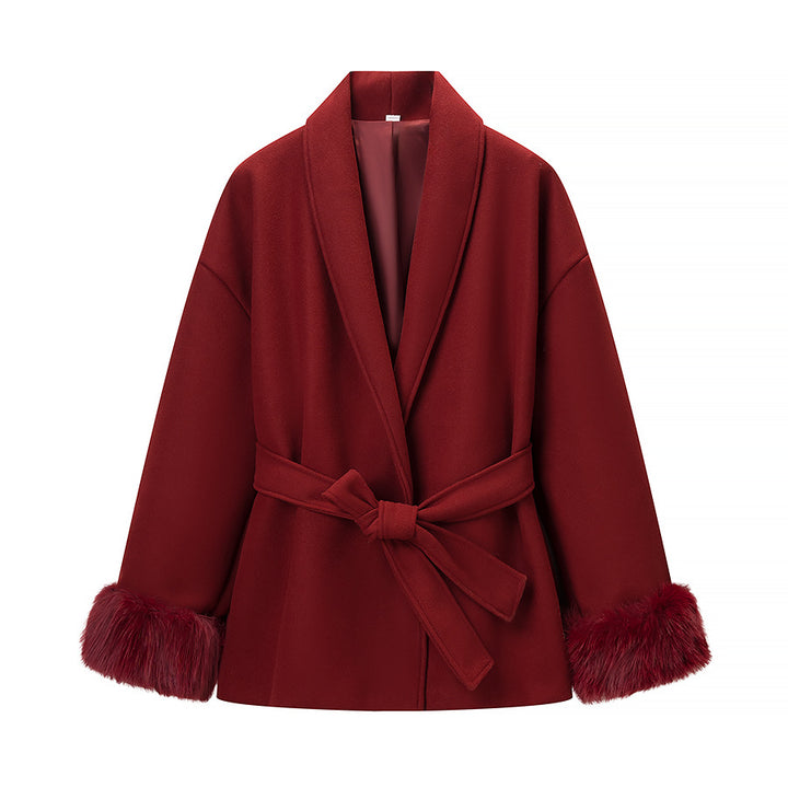 Damen Modische Jacke mit weich gefüttertem Kragen und Bindegürtel Drune