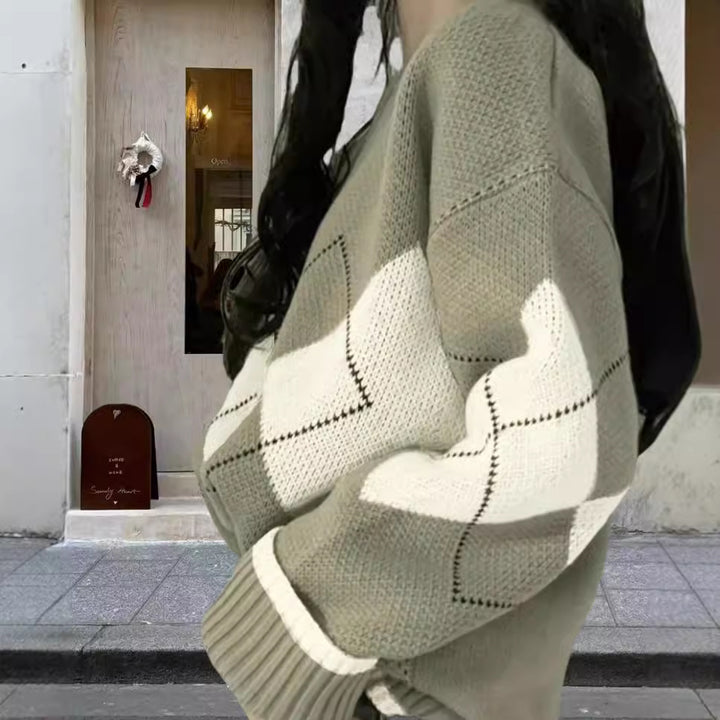 Damen Grobstrickpullover mit modernen Rautenmustern und weitem Schnitt Drune
