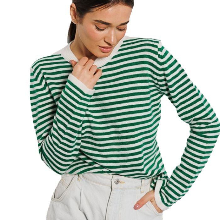 Damen Tragbarer Langarmpullover aus weichem Baumwollmix mit Streifenmuster Drune