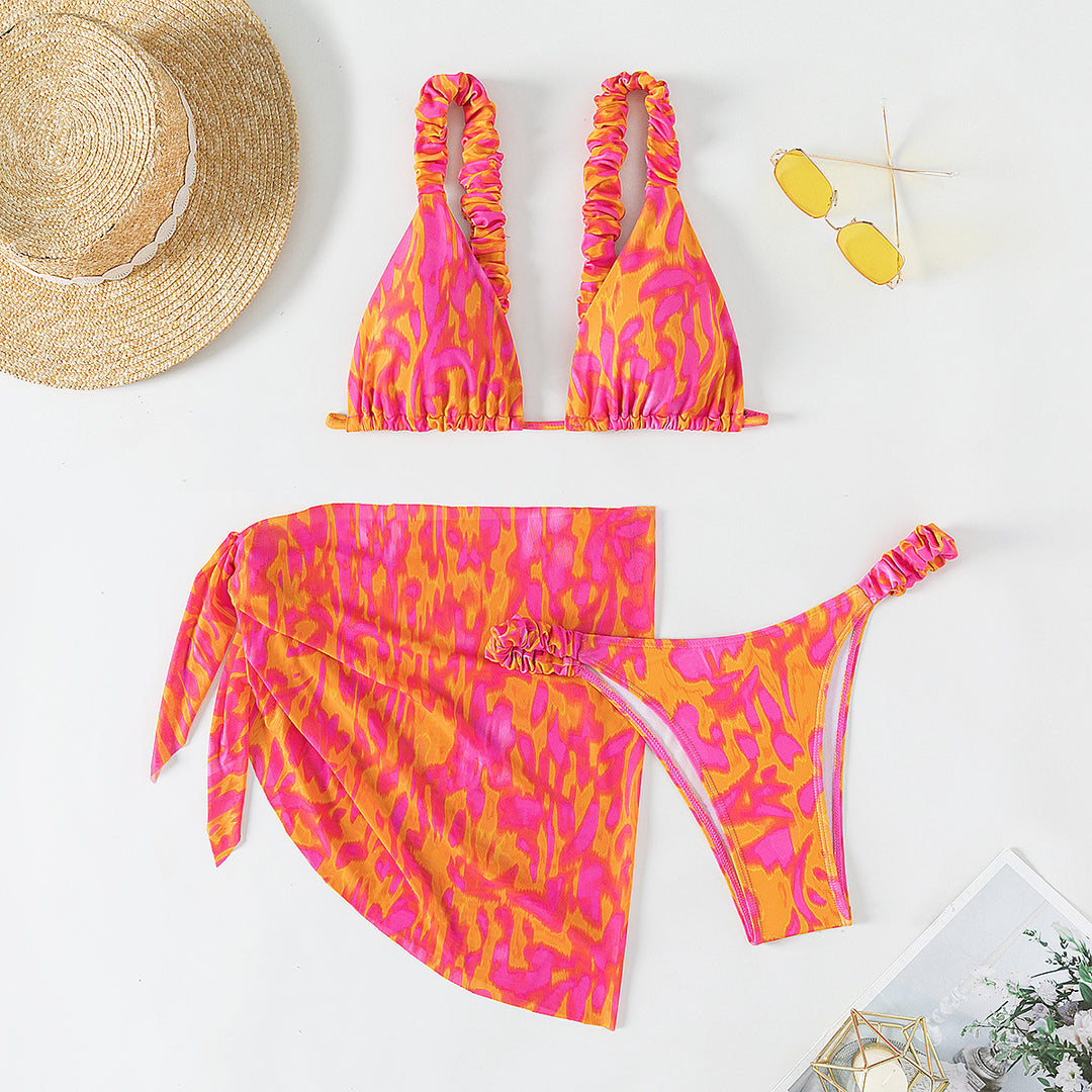 Damen Triangel-Bikini-Set mit Rüschendetails und trendiger Wickel-Tunika Drune