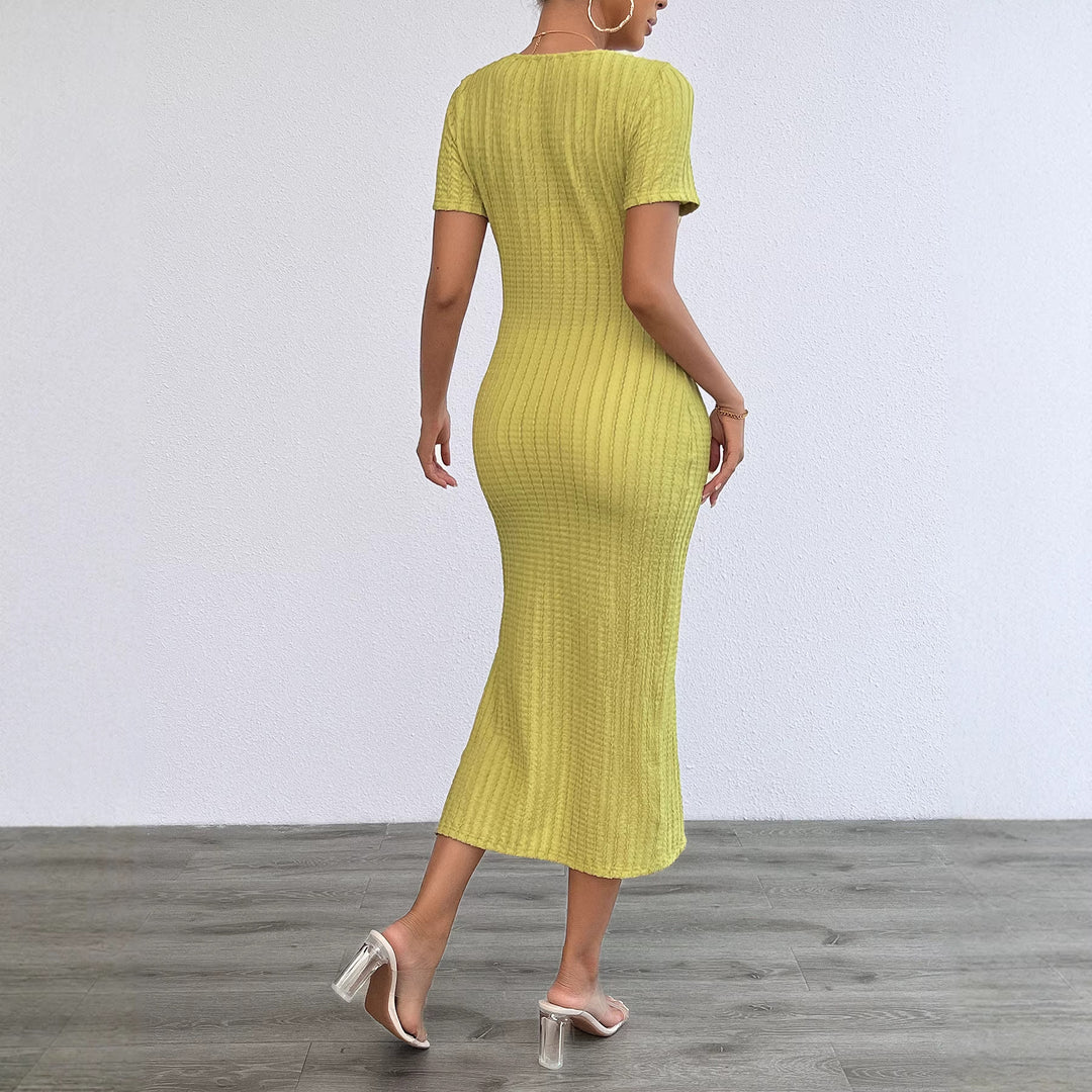 Damen Rippstrick Maxikleid mit figurbetonendem Schnitt und kurzem Ärmel Drune