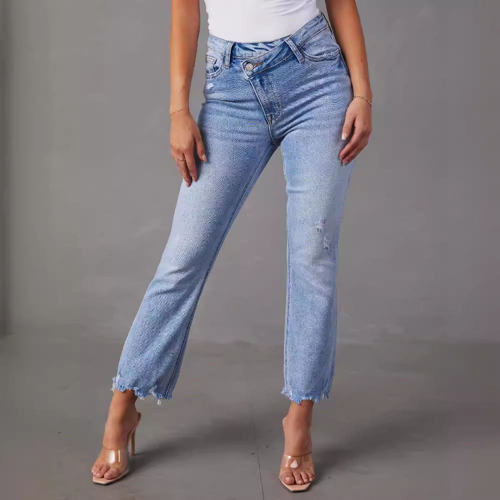 Damen High-Waist Jeans mit trendy Fransen und distressed Details Drune