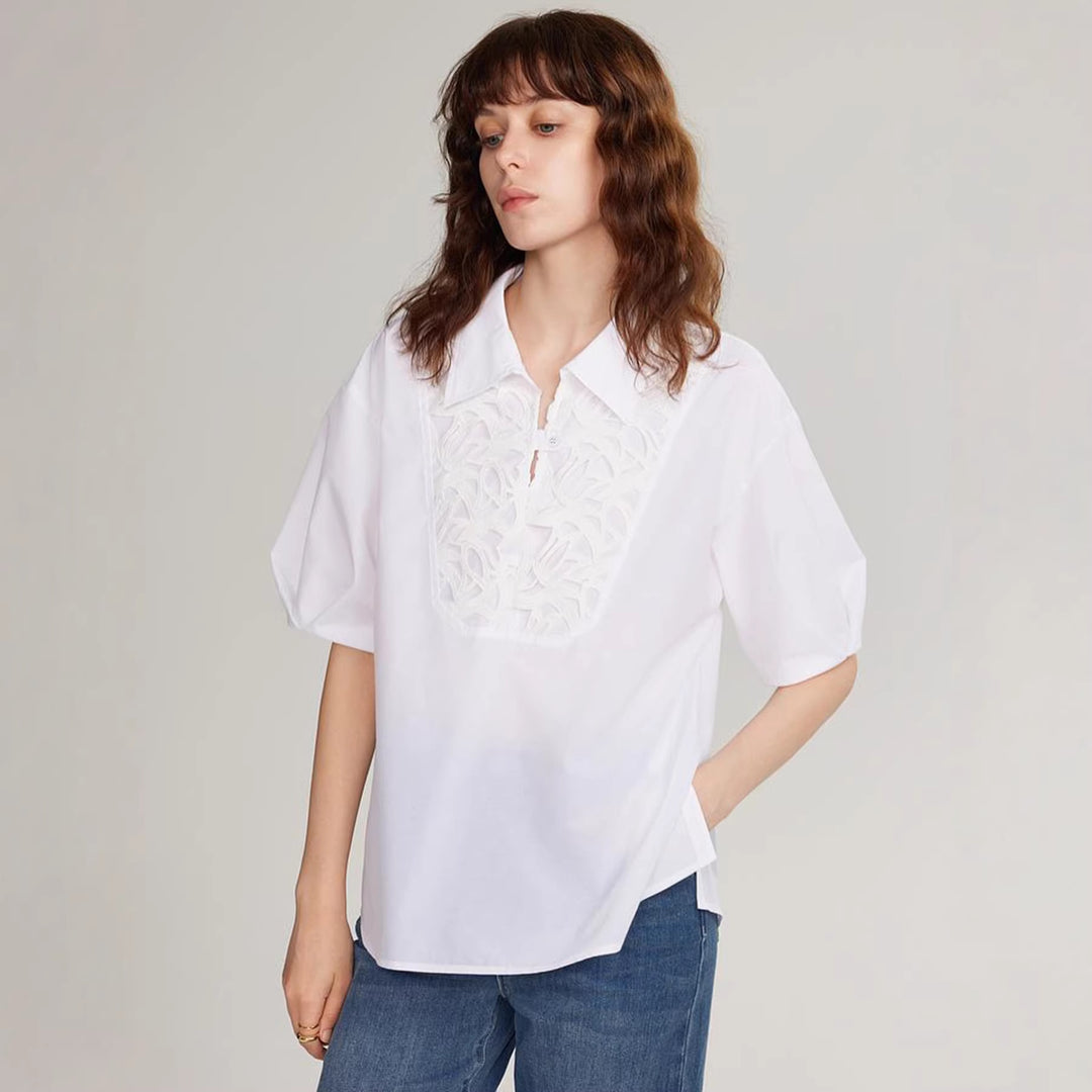 Damen Elegante Bluse mit traumhaftem Stickdesign und Knopfdetails Drune
