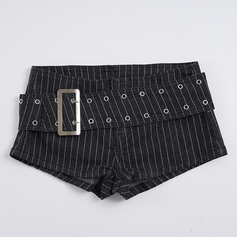 Damen modische Shorts mit breitem Gürtel und dekorativen Ösen Drune