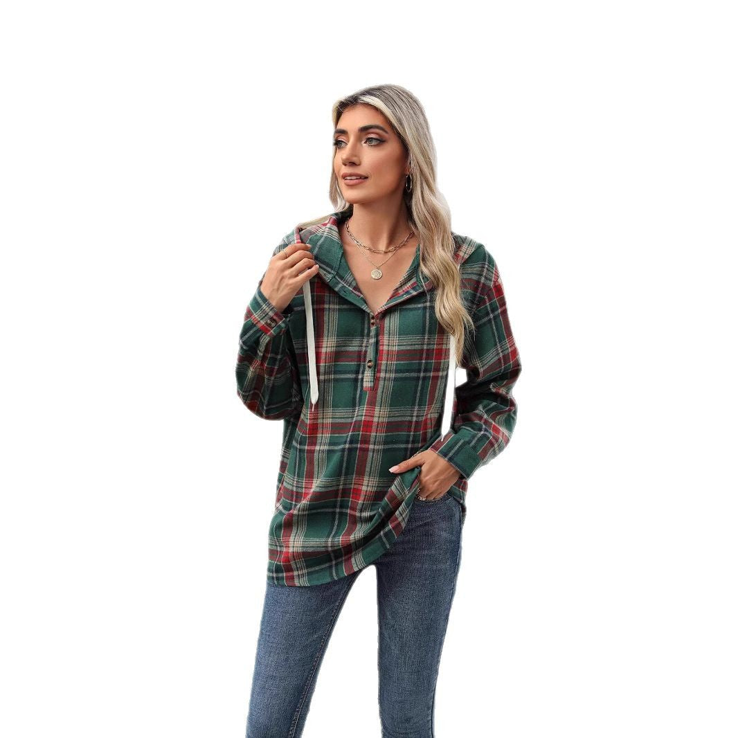 Damen karierte Kapuzenbluse mit praktischen Knopfdetails und lässigem Schnitt Drune
