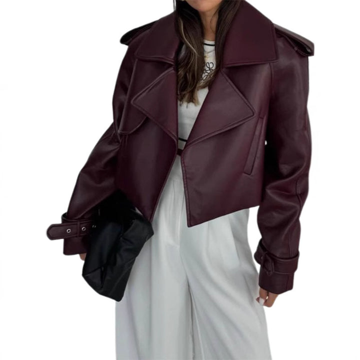 Damen modische Kunstlederjacke mit oversized Schnitt und breitem Kragen Drune