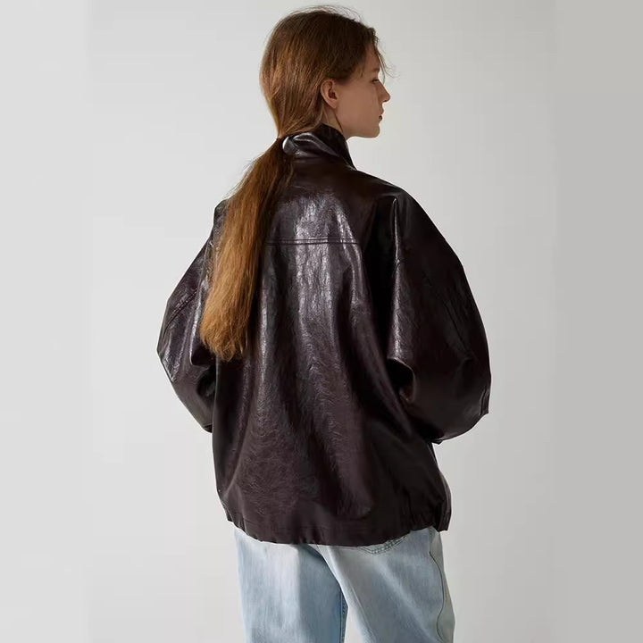 Damen modische Oversized-Lederjacke mit hohem Kragen und Druckknopfverschluss Drune