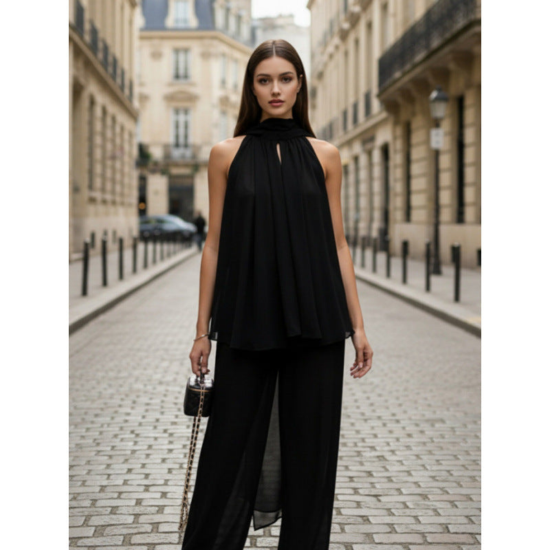 Damen Elegantes Chiffonoberteil mit tiefem Wasserfallausschnitt und fließendem Stoff Drune