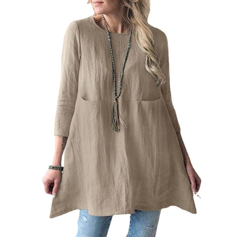 Damen lässiges Tunika-Shirt mit seitlichen Taschen und 3/4 Ärmeln Drune