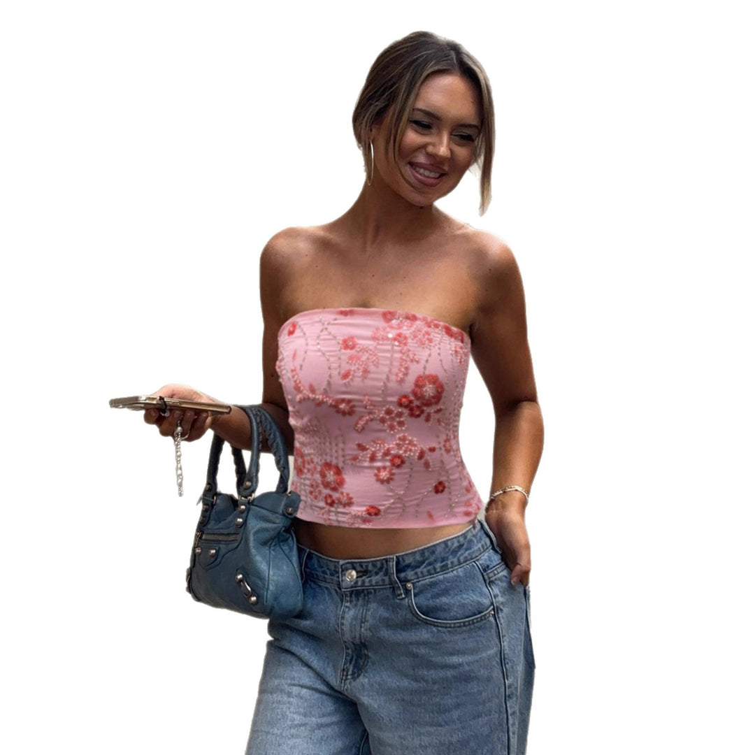 Damen Push-Up Oberteil mit zartem Blumenmuster und funkelnden Pailletten Drune