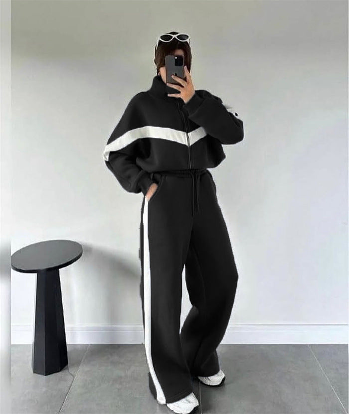 Damen modisches Fleece-Set mit hochschließendem Reißverschluss und weitem Bein Drune