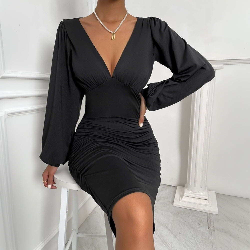 Damen Minikleid mit tiefem V-Ausschnitt und voluminösen Ärmeln Drune