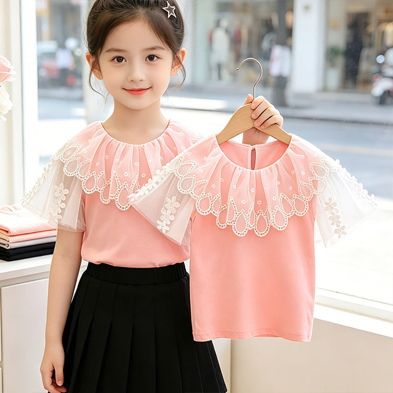 Mädchen T-Shirt mit elegantem Tüllkragen und floralem Detail Drune
