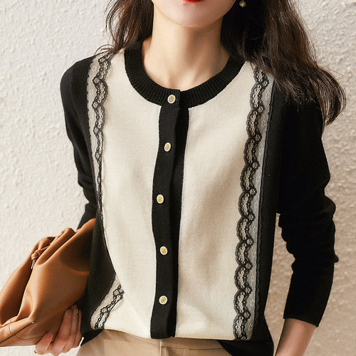 Damen elegante Strickjacke mit Spitzenbesatz Drune