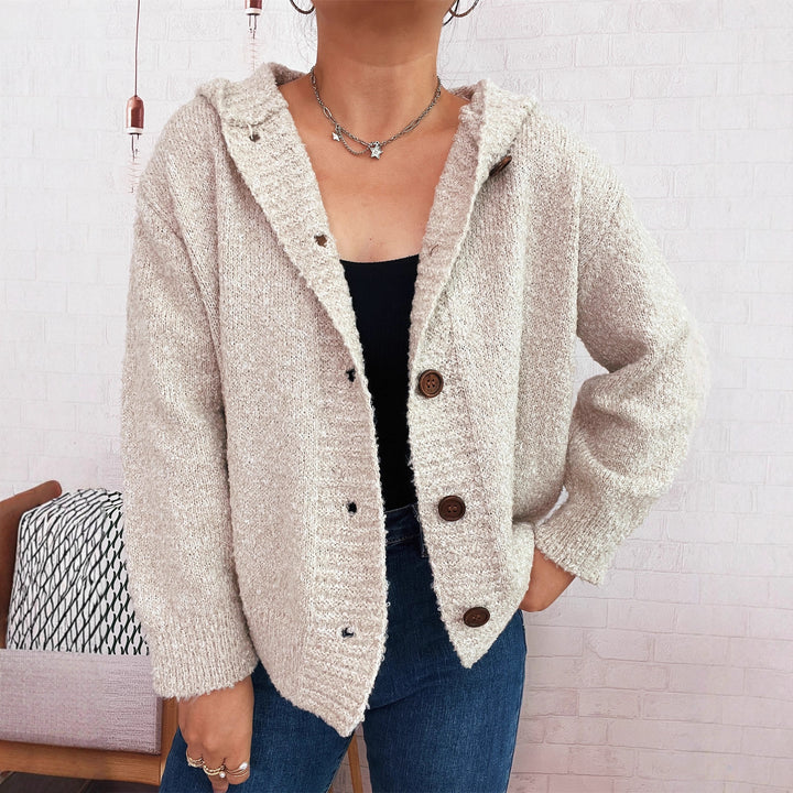 Damen Kuschelige Strickjacke mit Kapuze und Knopfdetails Drune