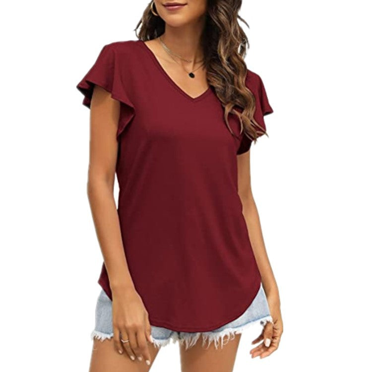 Damen V-Ausschnitt T-Shirt mit Rüschenärmeln und lässigem Schnitt Drune