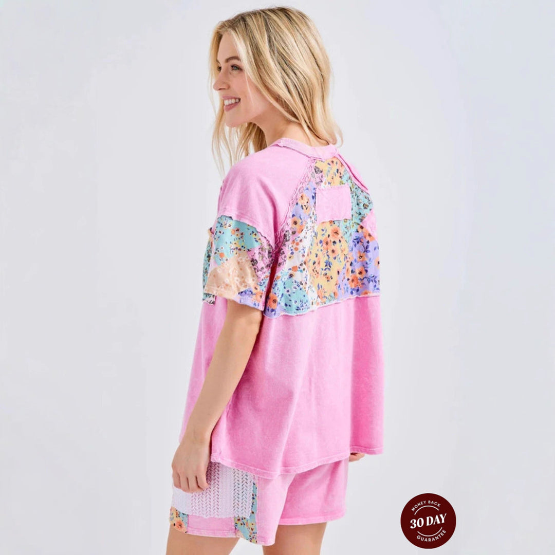 Damen nan lässiges Loungewear-Zweiteiler mit Oversize-Shirt, Kordelshorts, Patchwork-Tasche und Häkelbesatz Drune