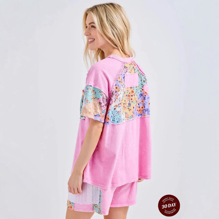 Damen nan lässiges Loungewear-Zweiteiler mit Oversize-Shirt, Kordelshorts, Patchwork-Tasche und Häkelbesatz Drune