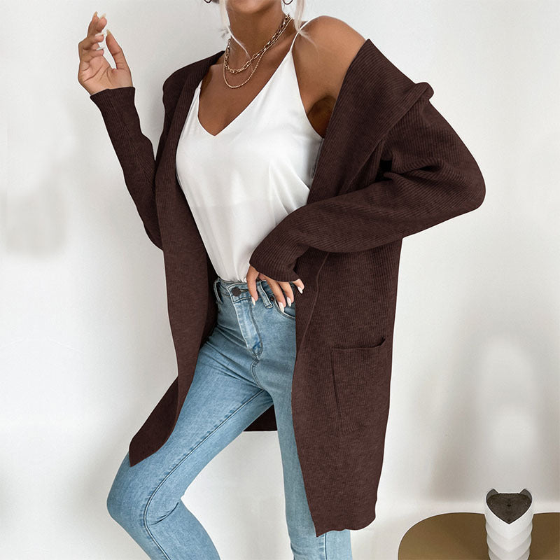 Damen lässiger Strickcardigan mit hohem Kragen und offenen Front Drune