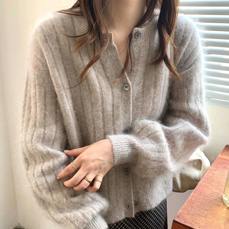 Damen kuschelige Knopfstrickjacke mit Rippstruktur Drune