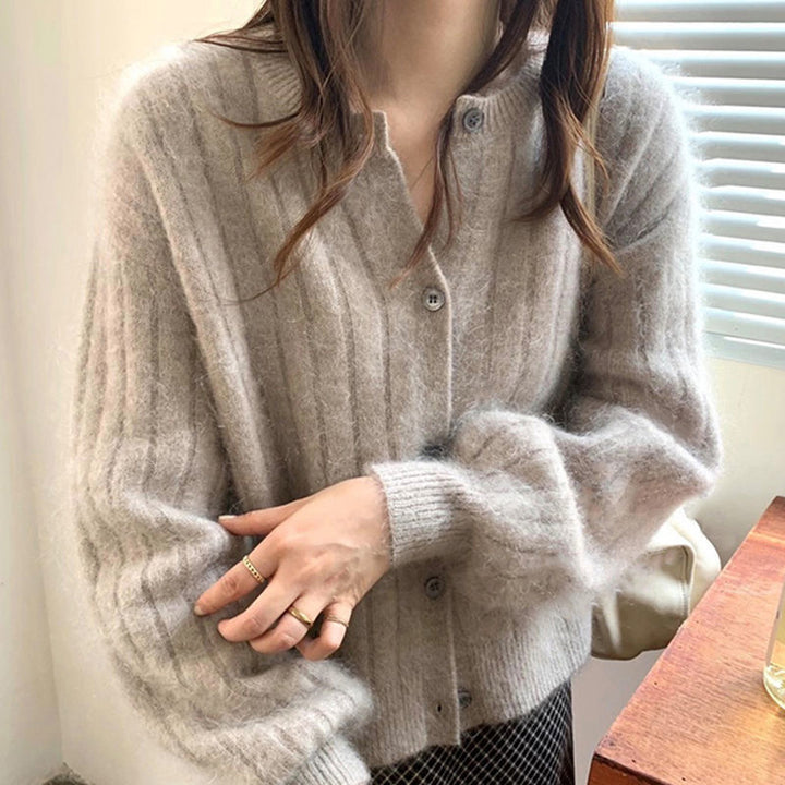 Damen kuschelige Knopfstrickjacke mit Rippstruktur Drune