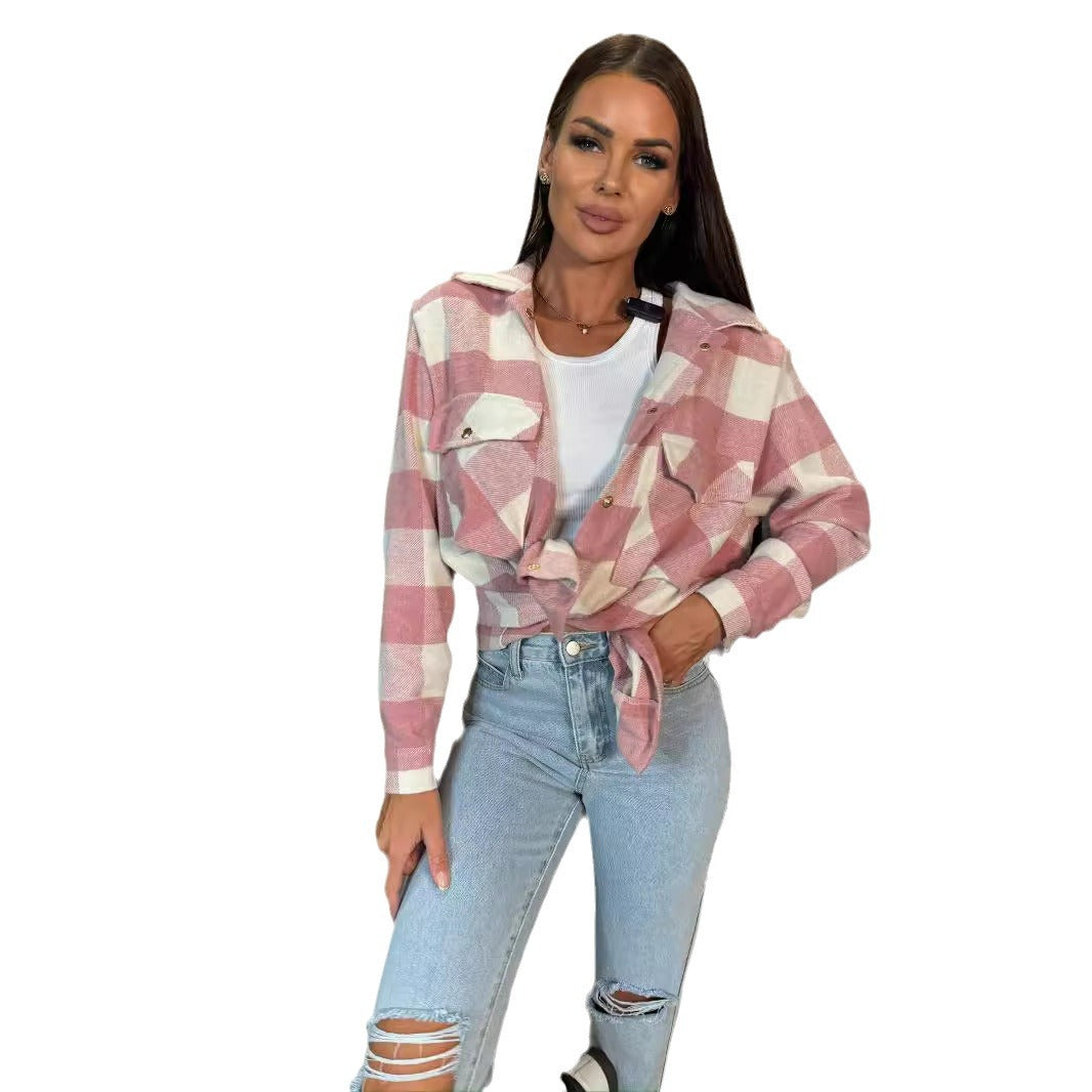 Damen Oversized kariertes Hemdjacke mit Knopfdetails Drune