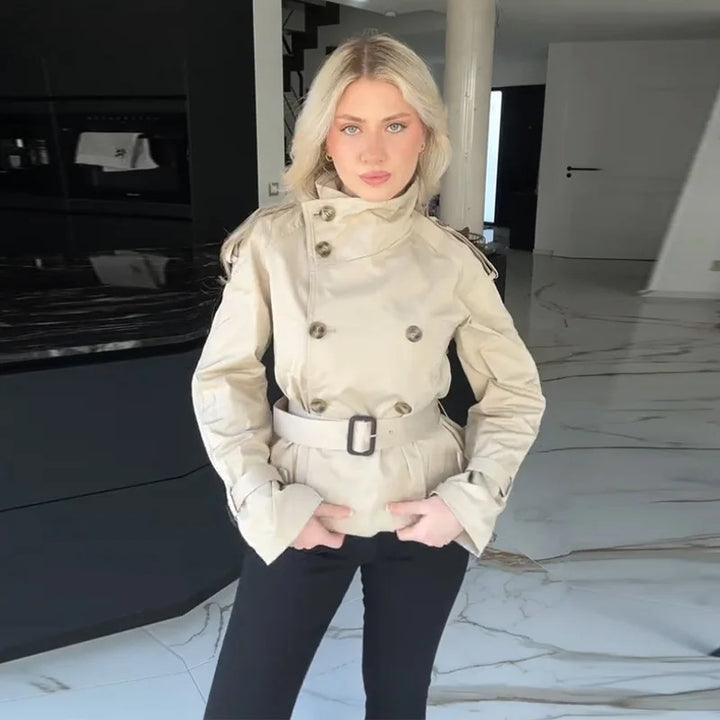 Damen modische Kurztrenchjacke mit doppelter Knopfreihe und Taillengürtel Drune