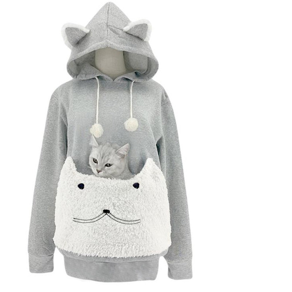 Damen Kuscheliger Kapuzenpullover mit Katzenmotiv und praktischer Känguru-Tasche Drune