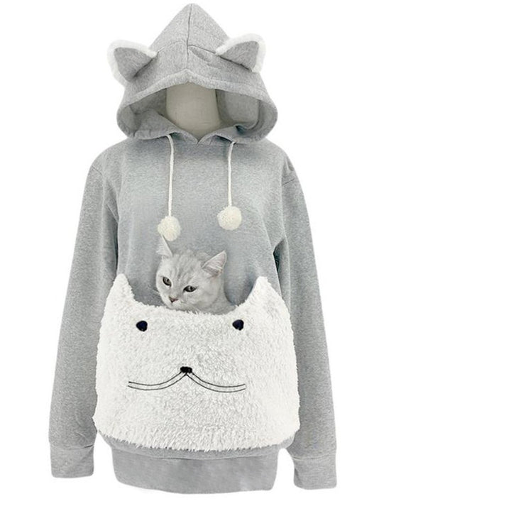 Damen Kuscheliger Kapuzenpullover mit Katzenmotiv und praktischer Känguru-Tasche Drune