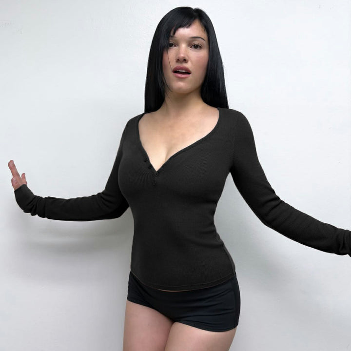 Damen nan figurbetontes geripptes Langarm-Henley-Top mit tiefem V-Ausschnitt und Knopfleiste Drune