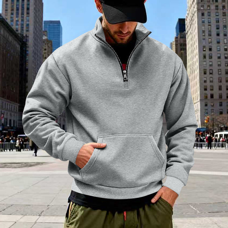 Herren nan Halbzip-Sweatshirt mit Kängurutasche, elastischen Rippbündchen und hohem Stehkragen Drune