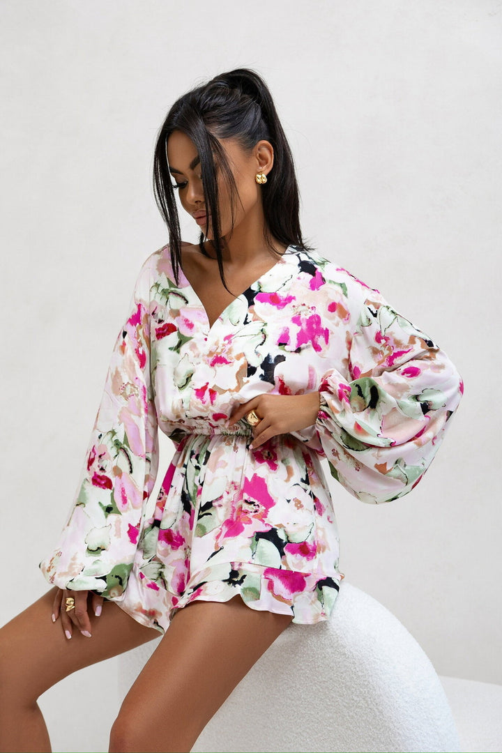 Damen Lässiges Minikleid mit voluminösen Ärmeln und floralem Design Drune