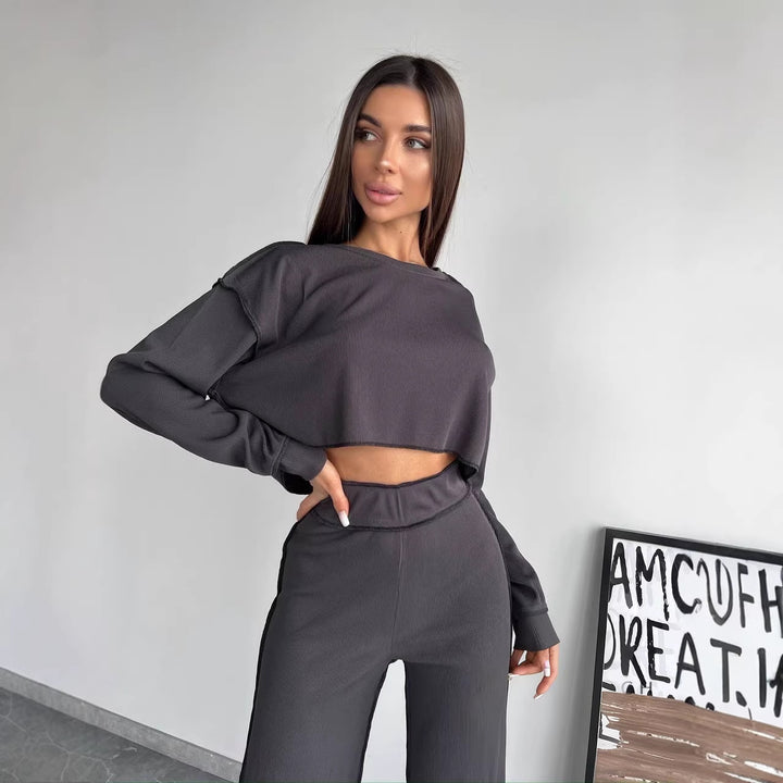 Damen lässiges Lounge-Set mit cropped Oberteil und weiter Hose Drune