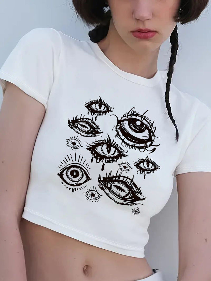Damen Crop-T-Shirt mit kreativem Motiv und figurbetontem Schnitt Drune
