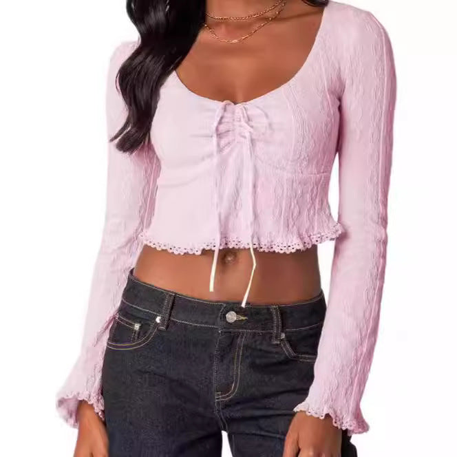 Damen Cropped Top mit Schnüroptik und Spitzenverzierungen Drune
