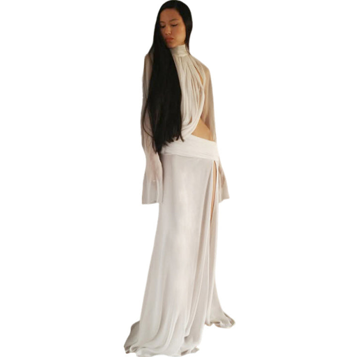 Damen elegantes Maxikleid mit durchscheinenden Ärmeln und seitlichem Schlitz Drune