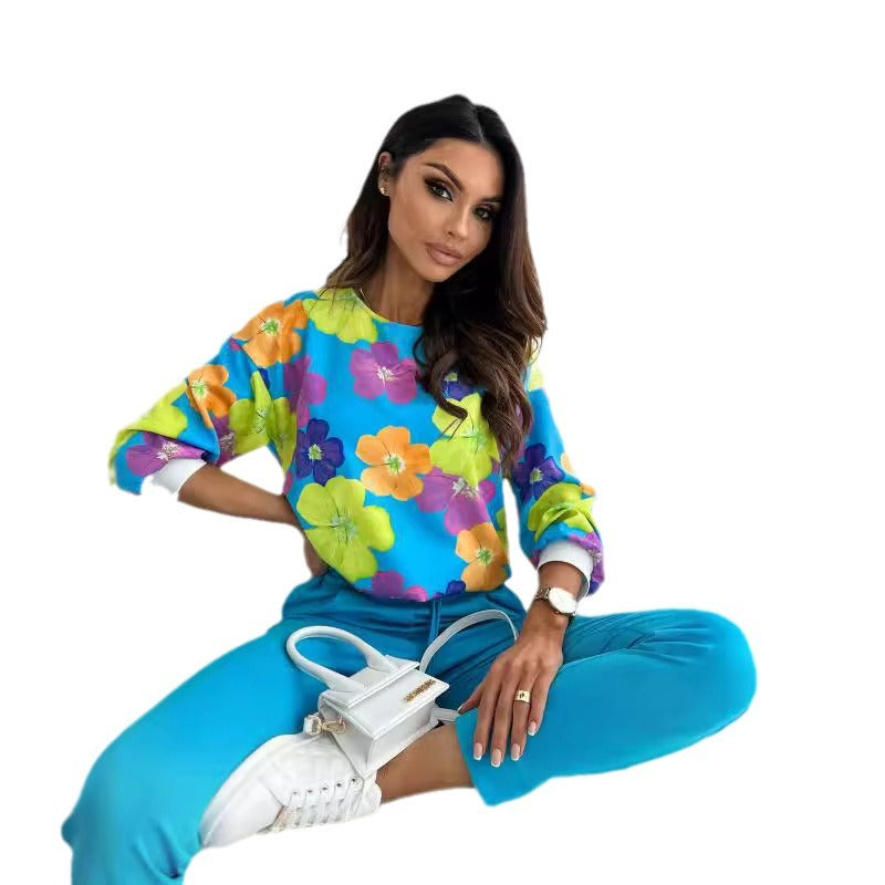 Damen lässiges Sweatshirt mit buntem Blumendruck und voluminösen Ärmeln Drune