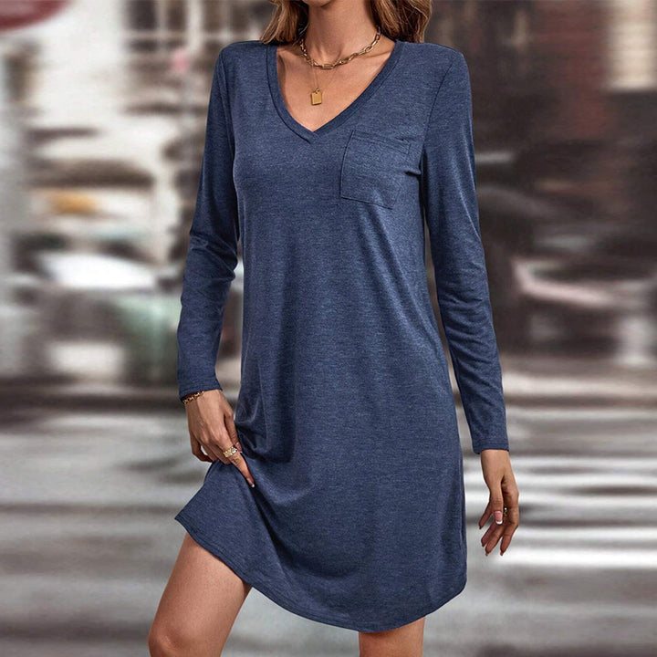 Damen lässiges V-Ausschnitt Kleid mit langen Ärmeln und Taschen Drune