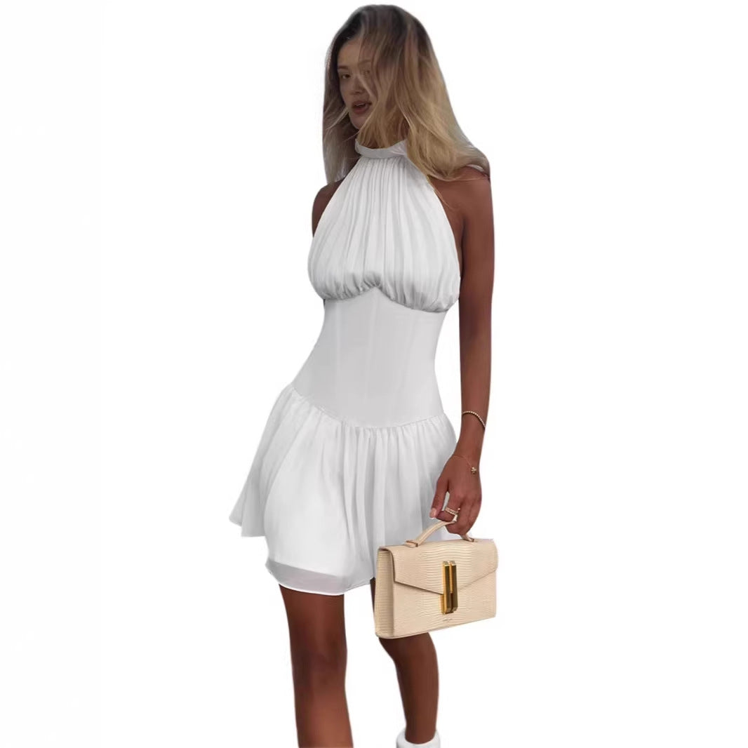 Damen schulterfreies Minikleid mit elegantem Halterneck und schwingendem Rock Drune