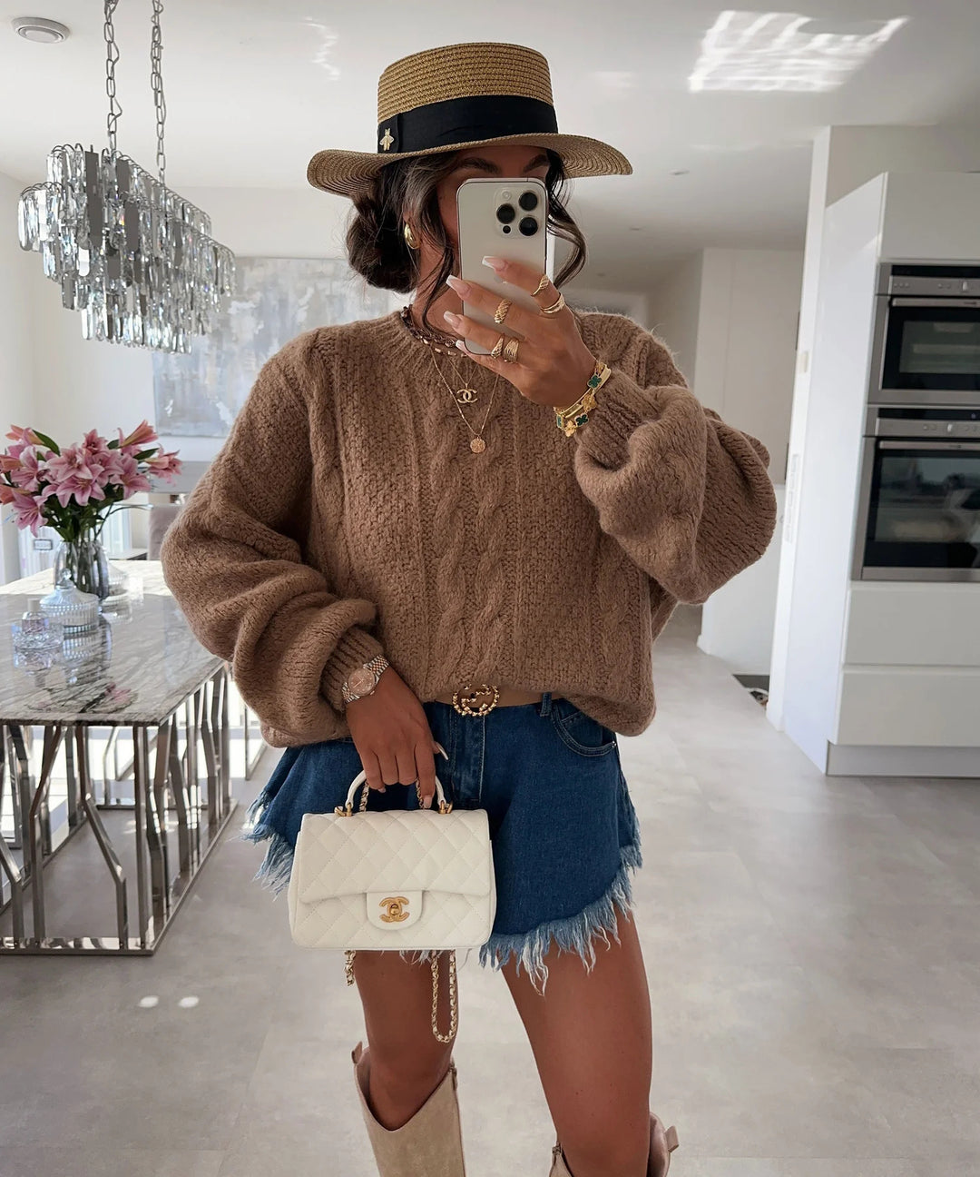Damen Grobstrickpullover mit voluminösen Ärmeln und Zopfmuster Drune