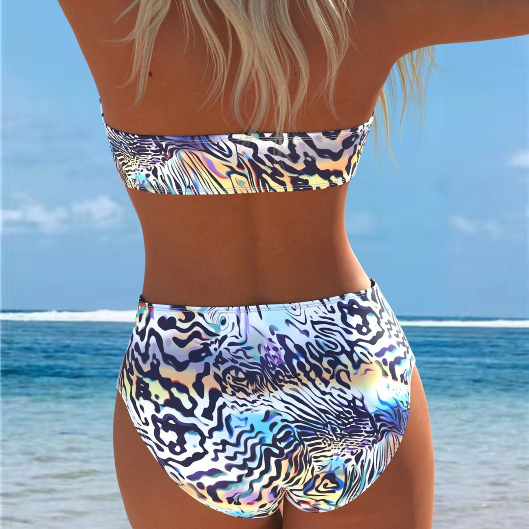 Damen Bandeau-Bikini-Set mit hohem Schnitt und dynamischem Wellenmuster Drune